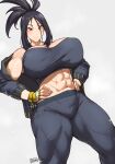 1girl abs batako_(batakoart) black_hair black_jacket breasts dendra_(pokemon) fingerless_gloves gloves hands_on_hips highres huge_breasts jacket long_hair midriff muscular muscular_female open_clothes open_jacket pants pokemon pokemon_(game) pokemon_sv red_eyes scar scar_on_face scar_on_forehead smile solo track_jacket track_pants yellow_gloves 