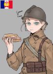  1girl baguette belt belt_pouch blonde_hair blue_eyes bread brown_belt brown_coat chevron_(symbol) coat eating food french_flag gears grey_background hammer helmet highres kaiserreich military pouch pzkpfwi sandwich torch wheat 