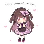  1girl apron bangs blush bow bowtie brown_hair character_request chibi closed_mouth dress frilled_apron frilled_cuffs frilled_dress frilled_socks frills full_body hair_bow hands_on_own_chin happy_birthday head_rest headdress heart highres long_hair looking_at_viewer mimelond original pink_bow pink_bowtie pink_hair plaid plaid_dress red_eyes socks solo virtual_youtuber wrist_cuffs 