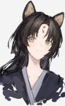  1girl animal_ears arknights bangs black_kimono brown_eyes closed_mouth dog_ears facial_mark forehead_mark highres japanese_clothes kimono lch looking_at_viewer parted_bangs saga_(arknights) simple_background smile solo upper_body white_background 