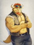  anthro biker bottomwear bowser clothed clothing eyebrows eyewear eyewear_on_head facial_hair fully_clothed goatee hair hi_res horn koopa lhjal2 looking_at_viewer male mario_bros muscular nintendo pants phone red_hair reptile scalie shell-less solo sunglasses sunglasses_on_head thick_eyebrows topwear vest yellow_body 