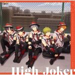  5boys ;d absurdres akiyama_hayato asymmetrical_bangs bangs black_eyes black_hair boots building crossed_legs detached_sleeves ear_piercing fedora fence fingernails fuyumi_jun grey_eyes grey_hair hair_between_eyes hands_on_own_knee hat high_x_joker_(idolmaster) highres hood hoodie idolmaster idolmaster_side-m iseya_shiki looking_at_viewer male_focus multiple_boys official_art one_eye_closed orange_hair piercing red-framed_eyewear sakaki_natsuki shoelaces short_hair sitting smile teeth torn_clothes wakazato_haruna 