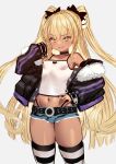  1girl bangs blonde_hair blush breasts dark-skinned_female dark_skin grin hand_on_hip highres jacket jacket_removed long_hair looking_at_viewer midriff navel original shorts small_breasts smile solo striped striped_thighhighs thighhighs twintails yapo_(croquis_side) yellow_eyes 