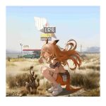  1girl absurdres animal_ears arknights bangs blue_sky border brown_hair cactus car ceobe_(arknights) ceobe_(summer_flowers)_(arknights) cloud dog_ears dog_tail fang food framed gas_station ground_vehicle hair_lift head_tilt highres ice_cream ice_cream_cone jpeg_artifacts light_blush long_hair looking_at_viewer motor_vehicle mountain mountainous_horizon orange_shorts red_eyes road_sign shoes shorts sign skin_fang sky sneakers solo squatting strapless tail tube_top utility_pole white_border zheshe_jing 