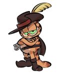  3_fingers anthro belt boots clothing crossed_arms crossover digital_media_(artwork) domestic_cat felid feline felis fingers footwear fur garfield_(series) garfield_the_cat green_sclera half-closed_eyes hat headgear headwear hi_res looking_at_viewer male mammal melee_weapon narrowed_eyes orange_body orange_fur puss_in_boots_(film) simple_background smile smiling_at_viewer solo sword weapon 