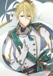  1boy belt blonde_hair blue_eyes brown_belt cape closed_mouth coat crown etou_kouki gloves hand_on_own_chest long_sleeves looking_at_viewer male_focus mini_crown saji_pow short_hair smile solo translation_request tsukino_talent_production tsukipro white_cape white_coat white_gloves 