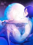  1girl bangs barefoot bleach closed_mouth commentary_request dress feet_out_of_frame from_side full_moon hair_between_eyes highres knees_together_feet_apart knees_up kuchiki_rukia long_sleeves looking_away moon profile purple_eyes purple_hair solo space star_(sky) twitter_username umbra_(edits_umbra) white_dress 
