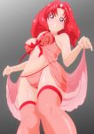  1girl akagi_towa babydoll breasts from_below fuchi_(nightmare) go!_princess_precure hair_intakes highres large_breasts long_hair looking_at_viewer looking_down navel panties precure red_babydoll red_eyes red_hair red_panties red_thighhighs solo standing stomach thighhighs underwear 