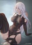  1girl abs android artist_name bare_shoulders battle_damage black_gloves black_tank_top blue_eyes breasts damaged elbow_gloves gloves hair_between_eyes highres joints knee_up laditos_baldosa large_breasts leaning_back long_hair looking_to_the_side nier_(series) nier_automata revealing_clothes robot_joints sitting solo tank_top thighs white_hair yorha_type_a_no._2 