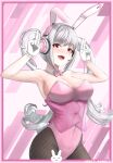  1girl adult_aongly alice_(nikke) animal_ear_headphones animal_ears arms_up artist_name bangs bare_shoulders bow bowtie breasts bunny_pose collarbone commentary detached_collar english_commentary fake_animal_ears fishnet_pantyhose fishnets gloves goddess_of_victory:_nikke hair_intakes headphones headset highleg highleg_leotard highres large_breasts leotard long_hair open_mouth pantyhose pink_background pink_bow pink_bowtie pink_leotard playboy_bunny rabbit_tail red_eyes smile solo strapless strapless_leotard tail teeth twintails upper_teeth_only very_long_hair white_background white_gloves white_hair 