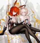  2girls animal_ears arlizi bangs bare_shoulders black_choker black_nails black_pantyhose black_sleeves breasts candy choker cleavage crossed_legs detached_sleeves fake_animal_ears fate/grand_order fate_(series) feet_out_of_frame food fujimaru_ritsuka_(female) highres jewelry lollipop looking_at_viewer mash_kyrielight medium_breasts medium_hair multiple_girls nail_polish orange_eyes orange_hair pantyhose purple_eyes rabbit_ears ring sitting thighs 