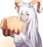  1girl absurdres animal_ears arknights bangs bare_shoulders beeswax_(arknights) beeswax_(weisser_sand)_(arknights) beudelb brown_eyes closed_mouth dark-skinned_female dark_skin from_behind goat_ears goat_girl goat_horns highres holding holding_pillow horns jacket long_hair long_sleeves looking_at_viewer looking_back off_shoulder official_alternate_costume open_clothes open_jacket pillow simple_background solo upper_body very_long_hair white_hair white_jacket yellow_background 
