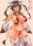  1girl :d absurdres animal_ears animal_print areola_slip bangs bare_shoulders bikini body_fur breasts brown_eyes cleavage cow_ears cow_girl cow_horns cow_print cow_tail highres hooves horns large_breasts long_hair looking_at_viewer matatabi_(aaa334s) micro_bikini mole mole_under_eye mole_under_mouth navel open_mouth print_thighhighs skindentation smile solo swimsuit tail thick_thighs thighhighs thighs 