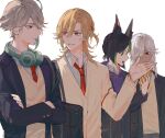  4boys ahoge alhaitham_(genshin_impact) animal_ear_fluff animal_ears bag bangs black_bag black_hair black_jacket blonde_hair braid buttons cardigan cellphone collared_shirt commentary_request crossed_arms cyno_(genshin_impact) dark-skinned_male dark_skin eyelashes fox_ears genshin_impact green_eyes green_hair grey_hair hair_between_eyes hair_over_one_eye hand_up headphones headphones_around_neck highres holding holding_phone hood hood_down hoodie jacket kaveh_(genshin_impact) lapels long_hair long_sleeves looking_at_another male_focus multicolored_hair multiple_boys necktie omuomu_06 one_eye_covered open_clothes open_jacket open_mouth parted_bangs parted_lips phone profile purple_hoodie red_eyes red_necktie school_bag school_uniform shirt short_hair shoulder_bag sidelocks simple_background smartphone smile sweater swept_bangs tighnari_(genshin_impact) two-tone_hair white_background white_hair white_shirt wing_collar yellow_cardigan yellow_sweater zipper zipper_pull_tab 