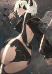  1girl animal ass back_cutout bangs bird blindfold breasts clothing_cutout commentary detached_sleeves english_commentary fadingz from_behind ghost gold_trim hair_ornament hairband hand_up highres lips long_sleeves looking_back medium_breasts mole mole_under_mouth nier_(series) nier_automata nier_reincarnation panties short_hair signature simple_background thighs underwear white_hair yorha_no._2_type_b 
