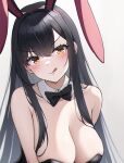  1girl :q animal_ears bangs bare_shoulders black_bow black_hair black_leotard blush bow bowtie breasts chinese_zodiac chong_wuxin cleavage closed_mouth detached_collar fake_animal_ears hairband highres large_breasts leotard long_hair looking_at_viewer orange_eyes original playboy_bunny rabbit_ears red_hairband smile solo tongue tongue_out traditional_bowtie upper_body v-shaped_eyebrows very_long_hair year_of_the_rabbit 