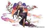  1girl bare_arms black_dress dress esukee feathered_wings flower full_body gold_footwear grey_hair long_hair multicolored_wings official_art purple_eyes rose seisen_cerberus simple_background sitting solo thorns transparent_background wings 