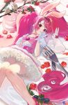  1girl animal_ears bangs bird bow cake_hair_ornament choker cure_whip earrings food-themed_hair_ornament food-themed_ornament fork frills gloves hair_ornament jewelry kirakira_precure_a_la_mode kuronuma_s long_hair magical_girl parted_lips pink_bow pink_choker pink_corset pink_hair pom_pom_(clothes) pom_pom_earrings precure puffy_short_sleeves puffy_sleeves rabbit rabbit_ears red_eyes short_sleeves solo swept_bangs twintails usami_ichika very_long_hair whipped_cream white_gloves 