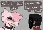  &lt;3 2023 ace_(claweddrip) anthro avian beak bird blush bobo_(claweddrip) claweddrip dark_body dark_skin dialogue duo english_text feathers female hi_res human male male/female mammal pink_body pink_feathers simple_background text 