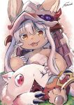  1other :3 absurdres androgynous animal_ears bangs brown_fur creature ears_through_headwear fake_horns fangs furry helmet highres horizontal_pupils horned_helmet horns made_in_abyss missing_eye mitty_(made_in_abyss) multicolored_pants nanachi_(made_in_abyss) open_mouth other_focus pikaichi5010 signature sitting swept_bangs whiskers white_hair yellow_eyes 