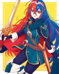  1girl absurdres alear_(female)_(fire_emblem) alear_(fire_emblem) bangs blue_eyes blue_hair blush cape cosplay crossed_bangs falchion_(fire_emblem) fingerless_gloves fire_emblem fire_emblem_awakening fire_emblem_engage gloves hair_between_eyes heterochromia highres long_hair looking_at_viewer lucina_(fire_emblem) lucina_(fire_emblem)_(cosplay) multicolored_hair open_mouth red_eyes red_hair simple_background smile solo split-color_hair sword tiara truejekart two-tone_hair very_long_hair weapon 