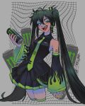  1girl :d absurdres ahegao black_hair black_skirt commentary detached_sleeves drink english_commentary fangs green_eyes green_nails hair_between_eyes hatsune_miku highres holding holding_drink long_hair looking_at_viewer messy_hair monster_energy nail_polish open_mouth pleated_skirt raised_eyebrow sainttufa scene_(style) skirt sleeveless smile solo thighhighs twintails vocaloid 