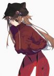  1girl animal_hat bangs blue_eyes bodysuit cat_hat closed_mouth evangelion:_3.0_you_can_(not)_redo eyepatch frown grey_background hair_between_eyes hands_in_pockets hat hat_ornament highres jacket long_hair long_sleeves mimelond neon_genesis_evangelion orange_hair pilot_suit plugsuit rebuild_of_evangelion red_bodysuit science_fiction sidelocks simple_background souryuu_asuka_langley 