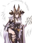  1girl animal_ears asymmetrical_hair breasts brown_hair detached_sleeves extra_ears frills galleon_(granblue_fantasy) gloves granblue_fantasy horns large_breasts long_hair multicolored_hair parted_lips pelvic_curtain pointy_ears skindentation sleeveless solo streaked_hair thigh_strap thighs very_long_hair wand white_gloves yuchinecco 