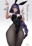  1girl aelion_draws alternate_costume animal_ears bangs bare_shoulders black_leotard bow braid breasts cleavage detached_collar fake_animal_ears genshin_impact highres large_breasts leotard long_hair looking_at_viewer mole mole_under_eye pantyhose playboy_bunny purple_eyes purple_hair rabbit_ears raiden_shogun solo strapless strapless_leotard thick_thighs thighs wrist_cuffs 