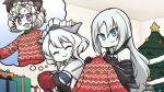  2girls ^_^ abyssal_ship anzio_princess armor blue_eyes christmas christmas_ornaments christmas_present christmas_sweater christmas_tree closed_eyes commentary commission enemy_aircraft_(kancolle) english_commentary european_princess european_water_princess gauntlets gift gorget hamu_koutarou hat highres holding imagining indoors kantai_collection knitting kuchiku_i-kyuu long_hair long_sleeves mixed-language_commentary multiple_girls pale_skin pixiv_commission purple_eyes revealing_clothes short_hair sweater thought_bubble white_hair yarn yarn_ball 