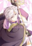  1boy black_gloves cape facing_viewer gloves grey_cape grey_hair holding holding_weapon long_sleeves looking_to_the_side male_focus multicolored_cape multicolored_clothes purple_cape purple_eyes saji_pow sakuraba_ryouta shirt short_hair solo translation_request tsukino_talent_production tsukipro weapon white_shirt 