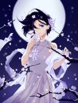  1girl bangs bare_shoulders black_hair bleach blurry blurry_background branch breasts commentary_request depth_of_field dress flower full_moon hagoromo hair_over_one_eye highres holding holding_flower kuchiki_rukia mofa_shuimu_jiang moon purple_eyes purple_flower shawl sleeveless sleeveless_dress small_breasts solo white_dress 