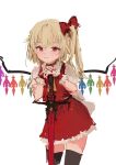  1girl back_bow bangs blonde_hair blush bow choker closed_mouth cowboy_shot flandre_scarlet hair_between_eyes hair_bow hands_on_hilt high_ponytail highres leaning_forward leaning_on_object light_smile long_hair looking_at_viewer miniskirt red_eyes red_skirt red_vest reddizen shirt short_sleeves side_ponytail simple_background skirt skirt_set solo sword thighhighs touhou vest weapon white_background wings wristband zettai_ryouiki 