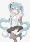  1girl absurdres aqua_eyes aqua_hair aqua_necktie bare_shoulders black_skirt blush boots collared_shirt detached_sleeves foot_out_of_frame grey_shirt hakudaku hands_up hatsune_miku hatsune_miku_(vocaloid4) headset high_heels highres leg_up long_hair looking_at_viewer necktie open_mouth pleated_skirt shirt simple_background skirt sleeveless sleeveless_shirt solo thigh_boots twintails v4x very_long_hair vocaloid 