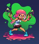  1girl artist_name bangs bare_shoulders bike_shorts black_shorts blue_background blue_footwear blush commentary dark-skinned_female dark_skin english_commentary fangs full_body gun hands_up highres holding holding_gun holding_weapon ink_tank_(splatoon) inkling inkling_girl looking_to_the_side multicolored_background open_mouth orange_eyes paint pink_hair print_shirt shirt shoes short_hair short_shorts shorts sidelocks sideways_glance sleeveless sleeveless_shirt smile sneakers solo splat_dualies_(splatoon) splatoon_(series) splatoon_2 standing teeth tentacle_hair upper_teeth_only v-shaped_eyebrows vinny_(dingitydingus) weapon white_shirt 