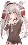  1girl absurdres amatsukaze_(kancolle) brown_dress commentary_request dated dress eiji_(monochromexd) garter_straps gloves grey_hair grey_neckerchief hair_tubes hat highres kantai_collection lifebuoy lifebuoy_ornament long_hair mini_hat neckerchief red_thighhighs sailor_dress short_dress single_glove smokestack_hair_ornament solo striped striped_thighhighs thighhighs twitter_username two_side_up white_hair 