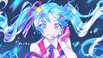  1girl blue_eyes blue_hair commentary doron_(desu) future_eve_(vocaloid) gloves grin hand_on_headphones hatsune_miku headset long_hair magical_mirai_(vocaloid) magical_mirai_miku magical_mirai_miku_(2022) necktie pink_gloves pink_necktie smile solo twintails very_long_hair vocaloid 