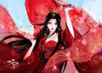  1girl absurdres black_hair blue_eyes blue_sky chinese_clothes doupo_cangqiong dress falling_petals hair_ornament highres holding_veil jewelry lin_dong_teng long_hair long_sleeves looking_at_viewer necklace parted_lips petals red_dress sash sky solo teeth tiara upper_body yun_yun_(doupo_cangqiong) 
