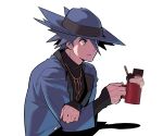  1boy black_shirt blue_eyes blue_hair blue_headwear blue_jacket candy chocolate chocolate_bar closed_mouth commentary_request cup expressionless food hair_between_eyes hand_on_own_arm hat highres holding holding_cup holding_spoon jacket jewelry korean_commentary looking_ahead male_focus mug necklace pokemon pokemon_(game) pokemon_dppt redlhzz riley_(pokemon) shirt simple_background sleeves_past_wrists solo spiked_hair spoon turtleneck upper_body wafer_stick whipped_cream white_background 
