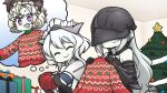  2girls ^_^ abyssal_ship anzio_princess armor christmas christmas_ornaments christmas_present christmas_sweater christmas_tree closed_eyes commission covered_eyes enemy_aircraft_(kancolle) european_princess european_water_princess gauntlets gift gorget hamu_koutarou hat helmet helmet_over_eyes highres holding imagining indoors kantai_collection knitting kuchiku_i-kyuu long_hair long_sleeves multiple_girls pale_skin pixiv_commission purple_eyes revealing_clothes short_hair sweater thought_bubble white_hair yarn yarn_ball 