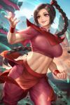  1girl avatar:_the_last_airbender avatar_legends blurry blurry_background braid braided_ponytail brown_eyes brown_hair crop_top highres looking_to_the_side navel neoartcore open_mouth single_braid smile solo stomach toned ty_lee wristband 
