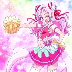  1girl ;d clover_earrings cone_hair_bun cure_yell flower hair_bun hair_flower hair_ornament hair_ribbon hand_on_hip heart heart_hair_ornament heart_pouch hugtto!_precure long_hair midriff navel nono_hana one_eye_closed pink_eyes pink_hair pink_skirt pom_pom_(cheerleading) precure red_lips red_ribbon ribbon see-through see-through_sleeves skirt smile solo thick_eyelashes zerolay 