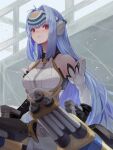  1girl android bare_shoulders blue_hair breasts cleavage elbow_gloves forehead_protector gloves highres kos-mos large_breasts leotard long_hair looking_at_viewer medium_breasts red_eyes remaco solo thighhighs very_long_hair weapon xenosaga 