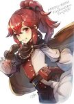  1girl aged_down anna_(fire_emblem) bangs blush cape finger_to_face fire_emblem fire_emblem_engage gloves hat highres light_smile long_hair looking_at_viewer nijihayashi one_eye_closed ponytail red_eyes red_hair simple_background smile solo 