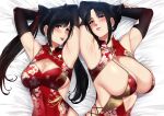  2girls :p armpits arms_up bed black_eyes black_hair blush breasts china_dress chinese_clothes dress highres large_breasts lips long_hair lying mole mother_and_daughter multiple_girls naye_(xter) nush_(xter) on_back on_bed original red_eyes tagme tongue tongue_out xter 