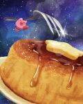  &gt;_&lt; 1other blush_stickers butter closed_eyes commentary food food_focus fork happy highres jumping kirby kirby_(series) lens_flare miclot night night_sky open_mouth outdoors oversized_food oversized_object pancake plate sky star_(sky) syrup 