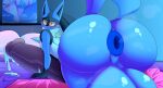  anal anthro anus balls big_butt blue_body blue_fur blush bodily_fluids butt canid canine cum fur gaping gaping_anus generation_4_pokemon genital_fluids genitals hi_res looking_at_viewer lucario male male/male mammal nintendo nude penis pokemon pokemon_(species) simple_background solo thiccbuns 