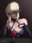  1girl alcohol artist_name artoria_pendragon_(fate) bare_shoulders black_bow blonde_hair bow bridal_gauntlets cheek_rest choker collarbone cup dark_background drinking_glass fate/grand_order fate_(series) gradient_background hair_bow halterneck highres looking_at_viewer pale_skin saber_alter sidelocks solo wine wine_glass zealyush 