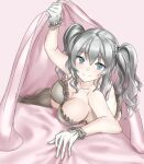  1girl absurdres black_thighhighs blanket blue_eyes bra breasts cleavage commentary_request commission frilled_bra frilled_gloves frills gloves grey_bra grey_hair highres kantai_collection kashima_(kancolle) large_breasts lying meru-chan on_side sidelocks skeb_commission smile solo thighhighs twintails under_covers underwear underwear_only wavy_hair white_gloves 