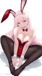  1girl animal_ears bangs bare_shoulders black_pantyhose bow bowtie breasts cait_aron cleavage collarbone darling_in_the_franxx detached_collar green_eyes highres horns leotard long_hair looking_at_viewer medium_breasts no_shoes oni_horns pantyhose pink_hair playboy_bunny rabbit_ears red_bow red_bowtie red_leotard sitting solo spread_legs swept_bangs wing_collar wrist_cuffs zero_two_(darling_in_the_franxx) 